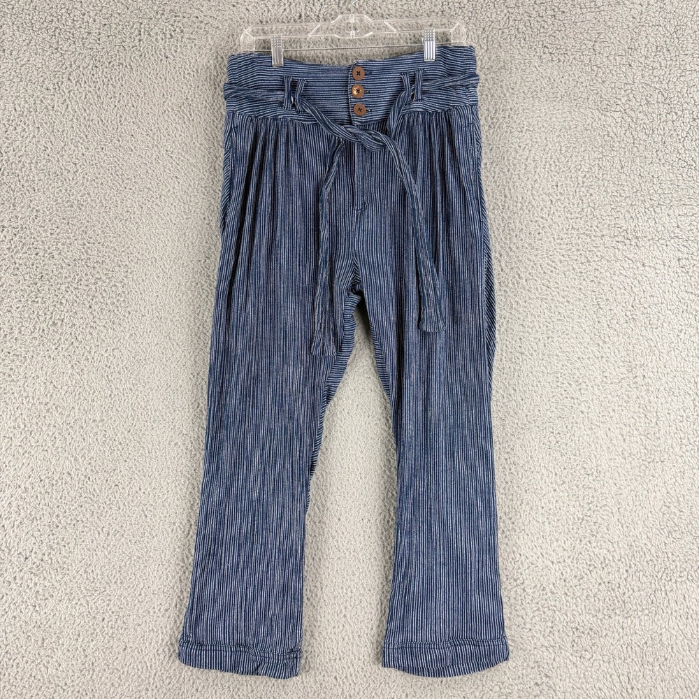 Free People Pants Womens 6 Blue White Pinstripe Tie Waist Cotton Trousers